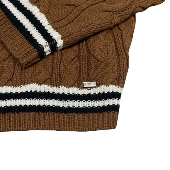 Guess Brown Cable Knit Cardigan with Striped Trim Size M NWOT Grannycore Fall - Picture 2 of 6